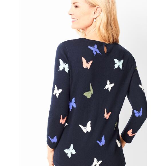 Talbots Navy Blue Butterfly Intarsia Crewneck Long Sleeve Sweater Size Small - Picture 2 of 7